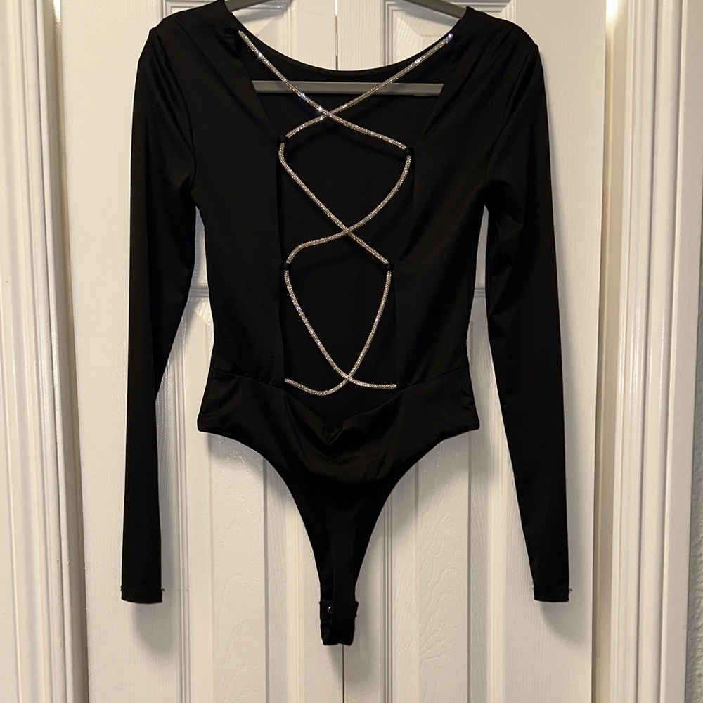 Black Long Sleeve Bodysuit with Rhinestone Straps